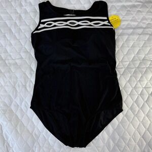 IT FIGURES! One Piece Swimsuit Women Size 12 Black White Lattice Trim